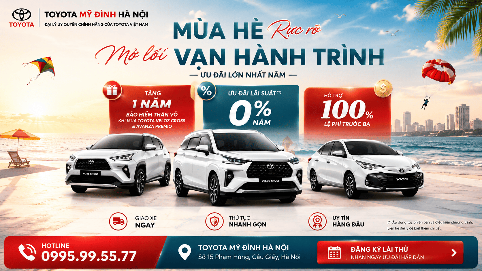 Đánh Giá Xe Toyota Yaris Cross 2026: Giá Bán, Giá Lăn Bánh Và So Sánh Bản Xăng Với Hybrid 2 Banner khuyến mại Toyota 2026 tại Toyota Mỹ Đình Hà Nội dành cho các dòng xe Toyota Veloz Cross, Toyota Yaris Cross và Toyota Vios với nhiều ưu đãi hấp dẫn, hỗ trợ trả góp và giao xe nhanh.